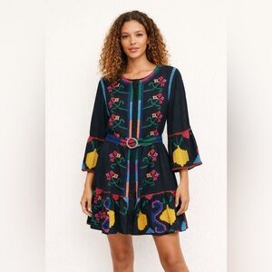 Farm Rio Embroidered Cotton Mini Dress XL | Black Boho Floral Belted